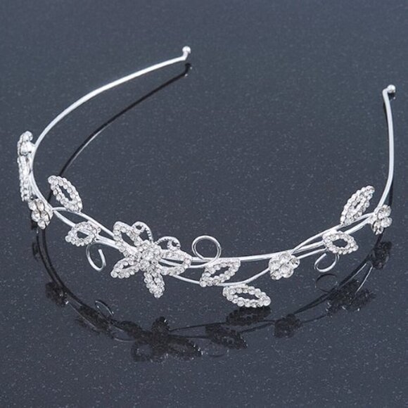 Rhodium Plated Crystal Butterfly Floral Tiara Headband for Weddings Proms